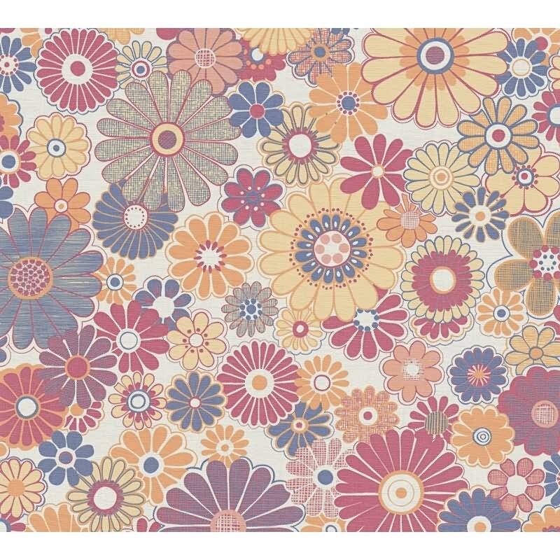 Blumen-Tapete Retro Bunt Gelb Blau Rot - Mustertapete 70er Jahre - Vliestapete AS-Creation (395354)