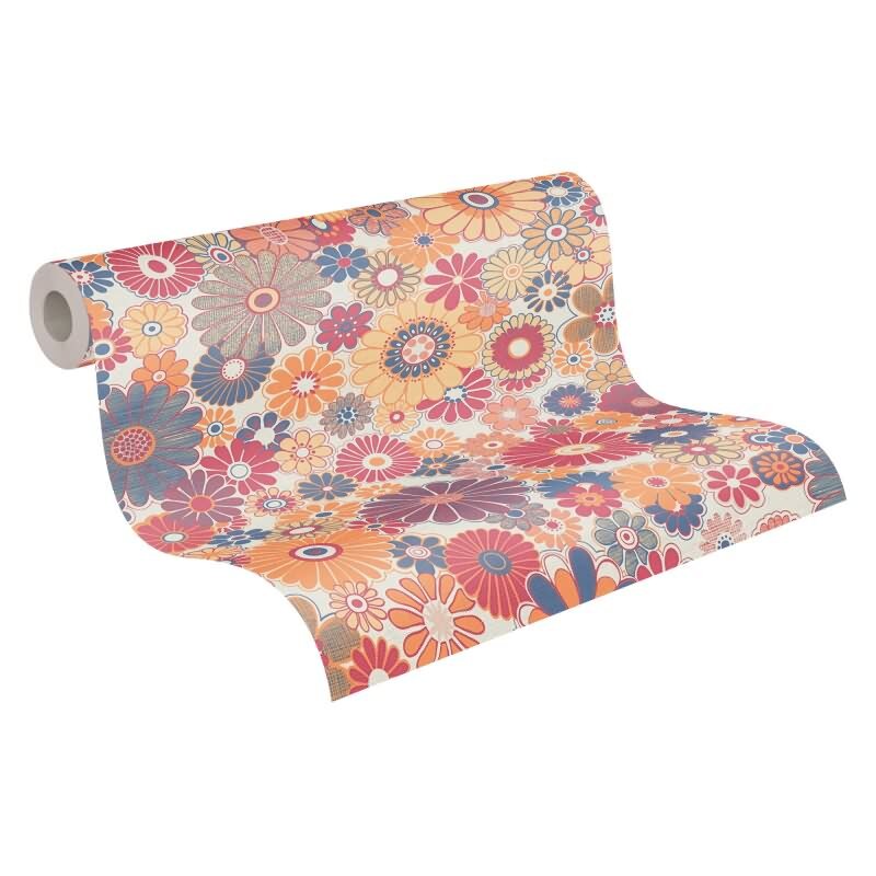 Blumen-Tapete Retro Bunt Gelb Blau Rot - Mustertapete 70er Jahre - Vliestapete AS-Creation (395354)