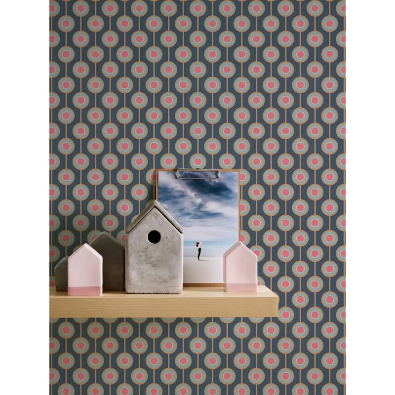 Retro-Tapete Kreismuster Dunkelblau Rosa Gelb - Vliestapete 70er Jahre AS-Creation (395371)