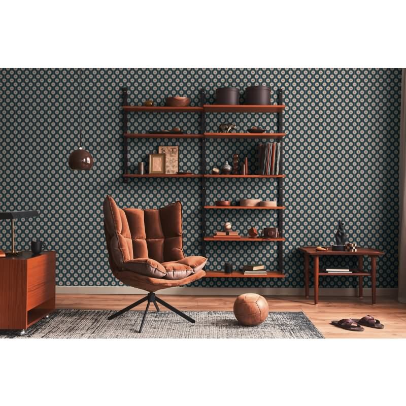 Retro-Tapete Kreismuster Dunkelblau Rosa Gelb - Vliestapete 70er Jahre AS-Creation (395371)