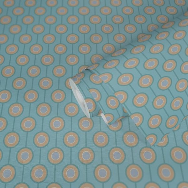 Retro Tapete Kreismuster Türkis Beige Weiß - Vlies Tapete 70er Jahre AS-Creation (395374)