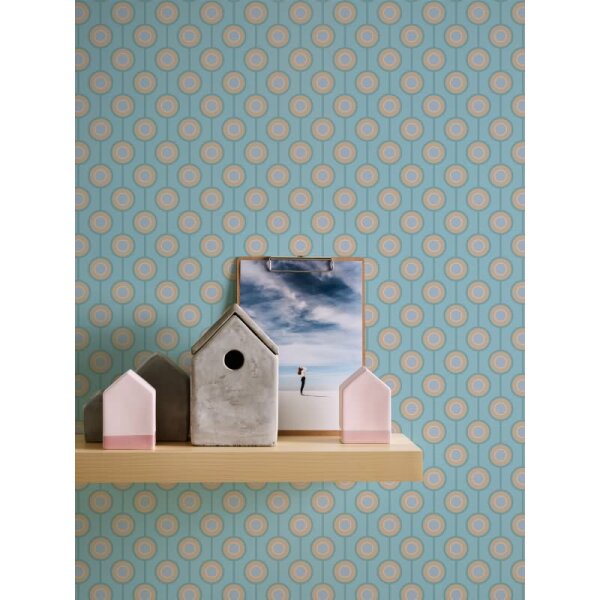 Retro Tapete Kreismuster Türkis Beige Weiß - Vlies Tapete 70er Jahre AS-Creation (395374)