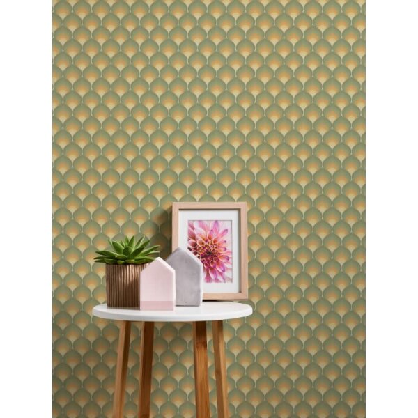 Retro-Tapete Wellenmuster Grün Beige Gelb - Geometrische Vliestapete 70er Stil AS-Creation (395381)