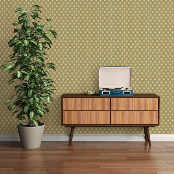 Retro-Tapete Wellenmuster Grün Beige Gelb - Geometrische Vliestapete 70er Stil AS-Creation (395381)