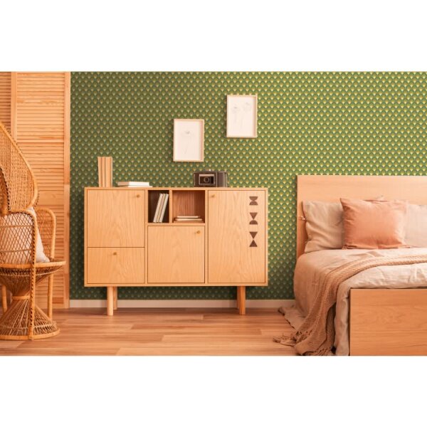 Retro-Tapete Wellenmuster Grün Beige Gelb - Geometrische Vliestapete 70er Stil AS-Creation (395381)