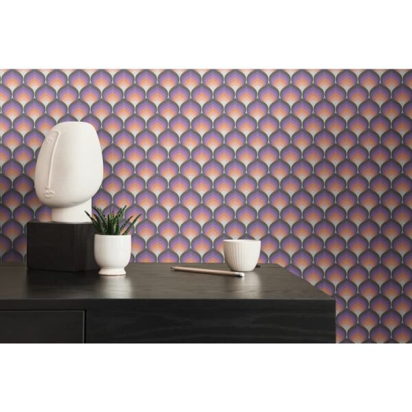 Retro-Tapete Wellen Muster Orange Lila Creme - Geometrische Vlies Tapete Schwarz-Weiß AS-Creation (395382)