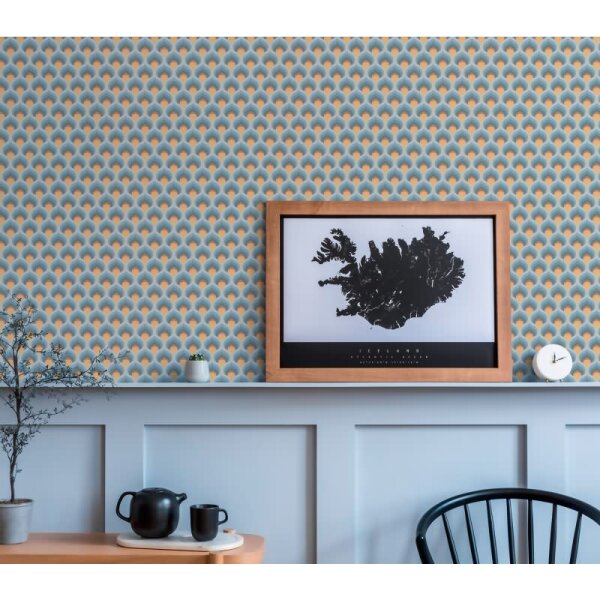 Retro-Tapete Wellenmuster Blau Braun Gelb Creme - Geometrische Vliestapete AS-Creation (395383)