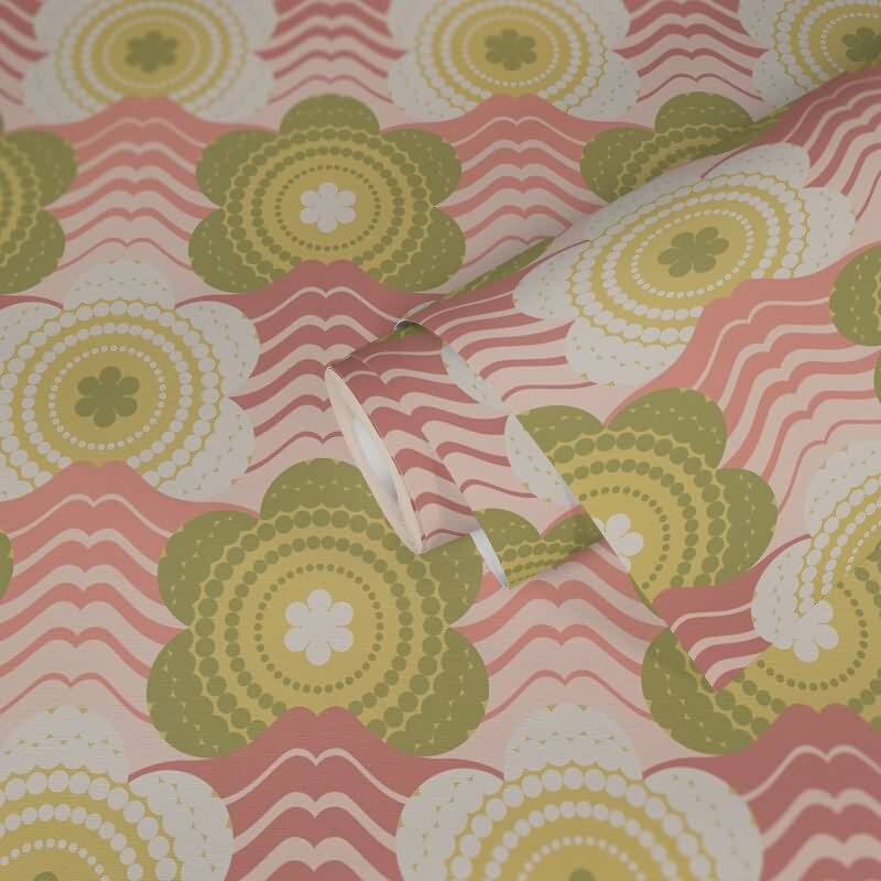 Retro-Blumen-Tapete Grün Rosa Beige - Mustertapete Wellenmuster - Vliestapete AS-Creation (395391)