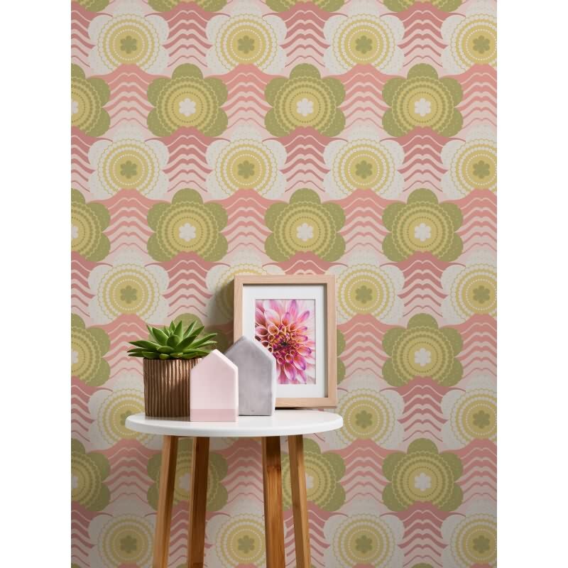 Retro-Blumen-Tapete Grün Rosa Beige - Mustertapete Wellenmuster - Vliestapete AS-Creation (395391)