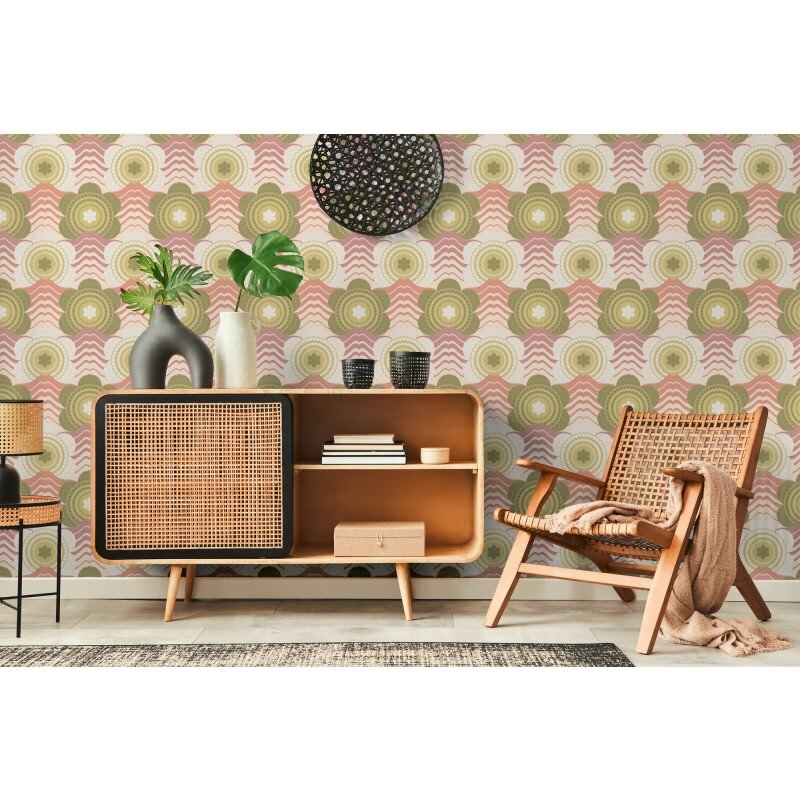 Retro-Blumen-Tapete Grün Rosa Beige - Mustertapete Wellenmuster - Vliestapete AS-Creation (395391)