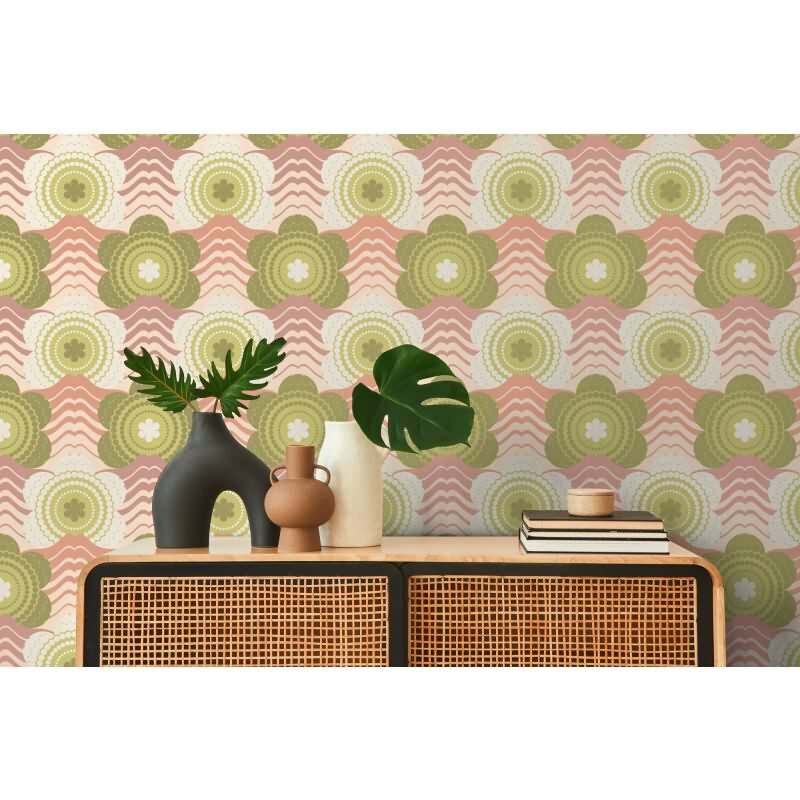 Retro-Blumen-Tapete Grün Rosa Beige - Mustertapete Wellenmuster - Vliestapete AS-Creation (395391)