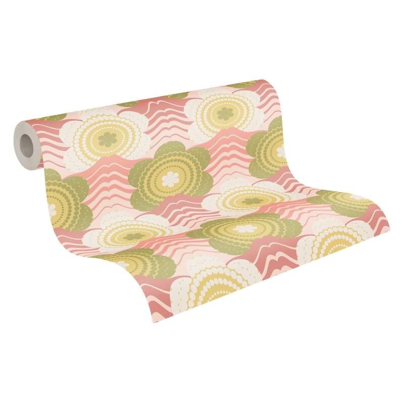Retro-Blumen-Tapete Grün Rosa Beige - Mustertapete Wellenmuster - Vliestapete AS-Creation (395391)