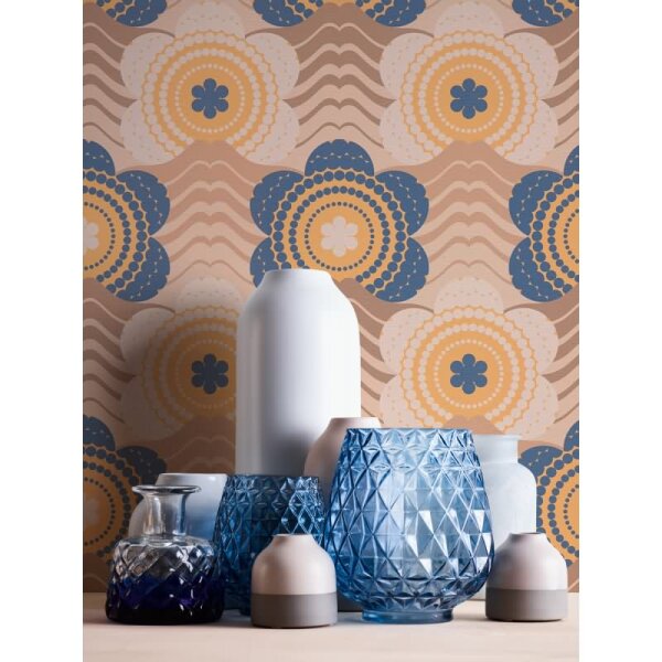 Retro-Blumen-Tapete Blau Gelb Beige - Muster Tapete Wellenmuster - Vliestapete AS-Creation (395392)