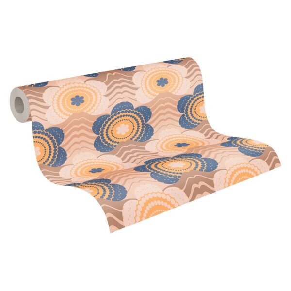 Retro-Blumen-Tapete Blau Gelb Beige - Muster Tapete Wellenmuster - Vliestapete AS-Creation (395392)