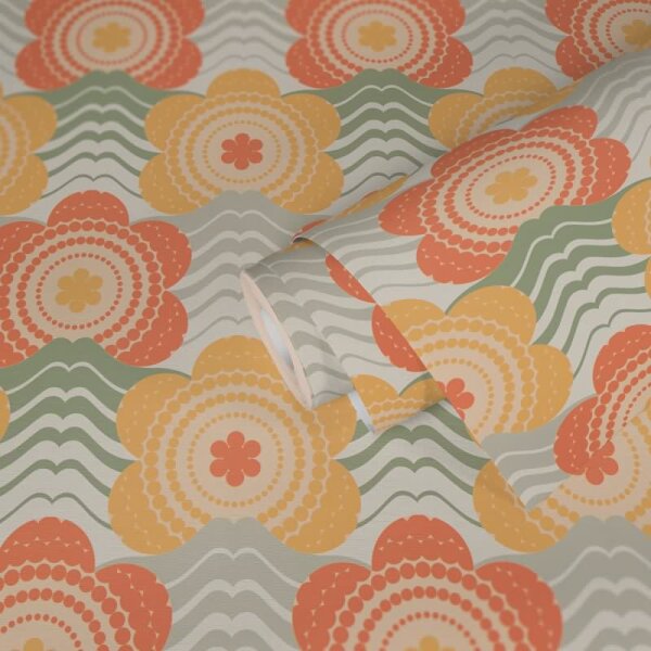 Retro-Blumen-Tapete Orange Gelb Grün Creme - Vliestapete mit Wellenmuster - Muster Tapete AS-Creation (395394)