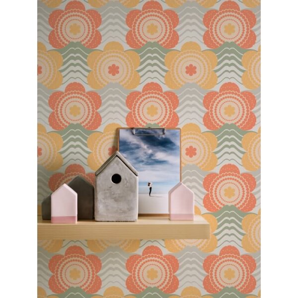 Retro-Blumen-Tapete Orange Gelb Grün Creme - Vliestapete mit Wellenmuster - Muster Tapete AS-Creation (395394)