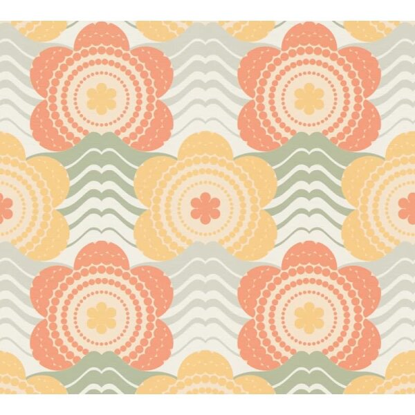 Retro-Blumen-Tapete Orange Gelb Grün Creme - Vliestapete mit Wellenmuster - Muster Tapete AS-Creation (395394)