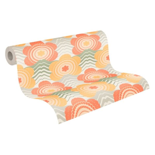 Retro-Blumen-Tapete Orange Gelb Grün Creme - Vliestapete mit Wellenmuster - Muster Tapete AS-Creation (395394)