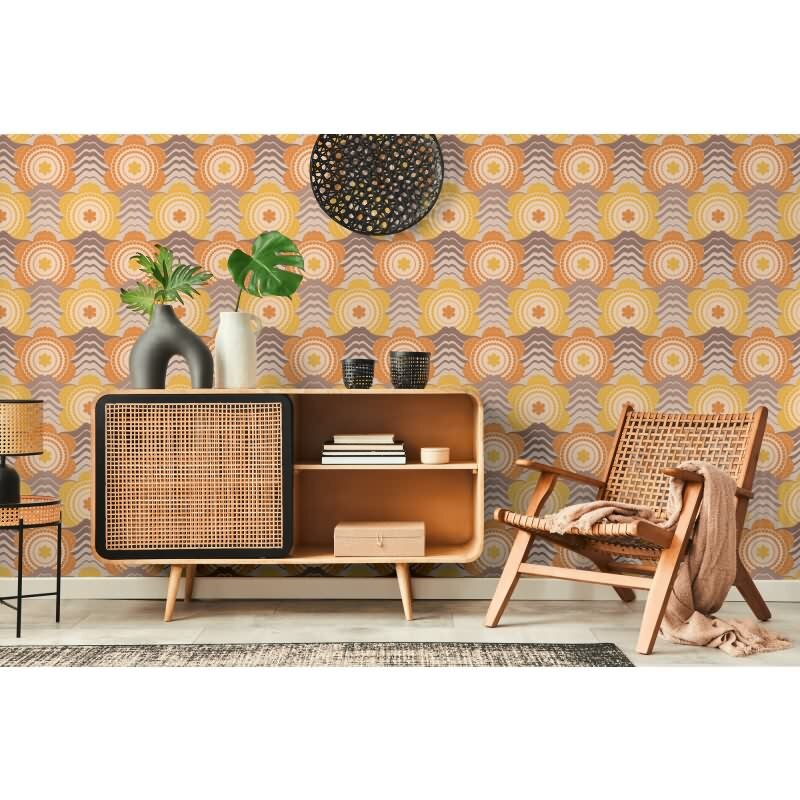 Retro Blumen-Tapete Gelb Orange Beige - Vlies Tapete mit Wellenmuster - Mustertapete AS-Creation (395395)