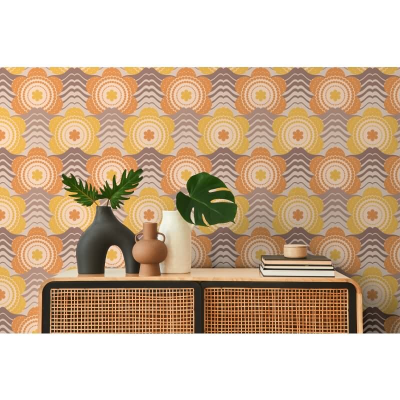 Retro Blumen-Tapete Gelb Orange Beige - Vlies Tapete mit Wellenmuster - Mustertapete AS-Creation (395395)