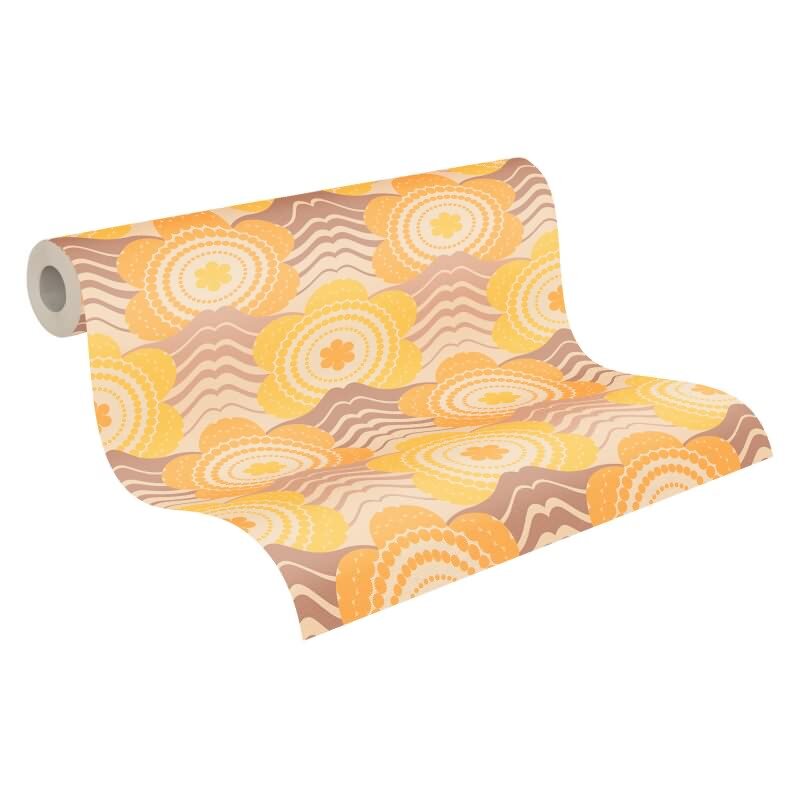 Retro Blumen-Tapete Gelb Orange Beige - Vlies Tapete mit Wellenmuster - Mustertapete AS-Creation (395395)
