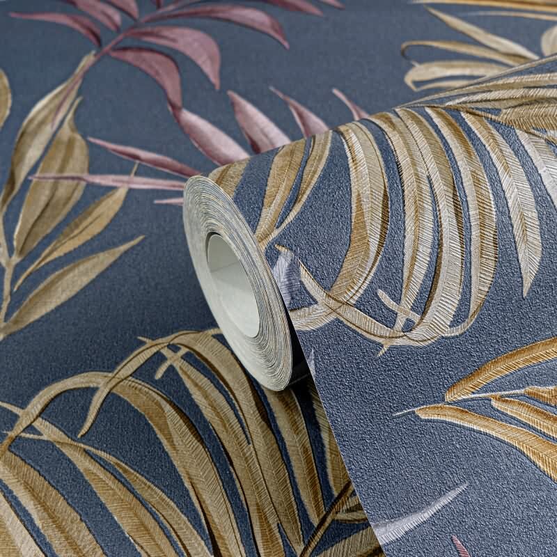 COSMOPOLITAN Vliestapete Palmen-Blätter Blau Gelb Rosa tropische Tapete für die Küche livingwalls (791085)