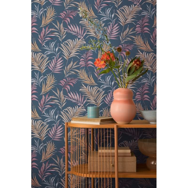 COSMOPOLITAN Vliestapete Palmen-Blätter Blau Gelb Rosa tropische Tapete für die Küche livingwalls (791085)