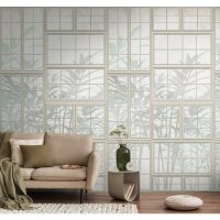 Fototapete B&uuml;cherregal mit Weltkarte Beige -...