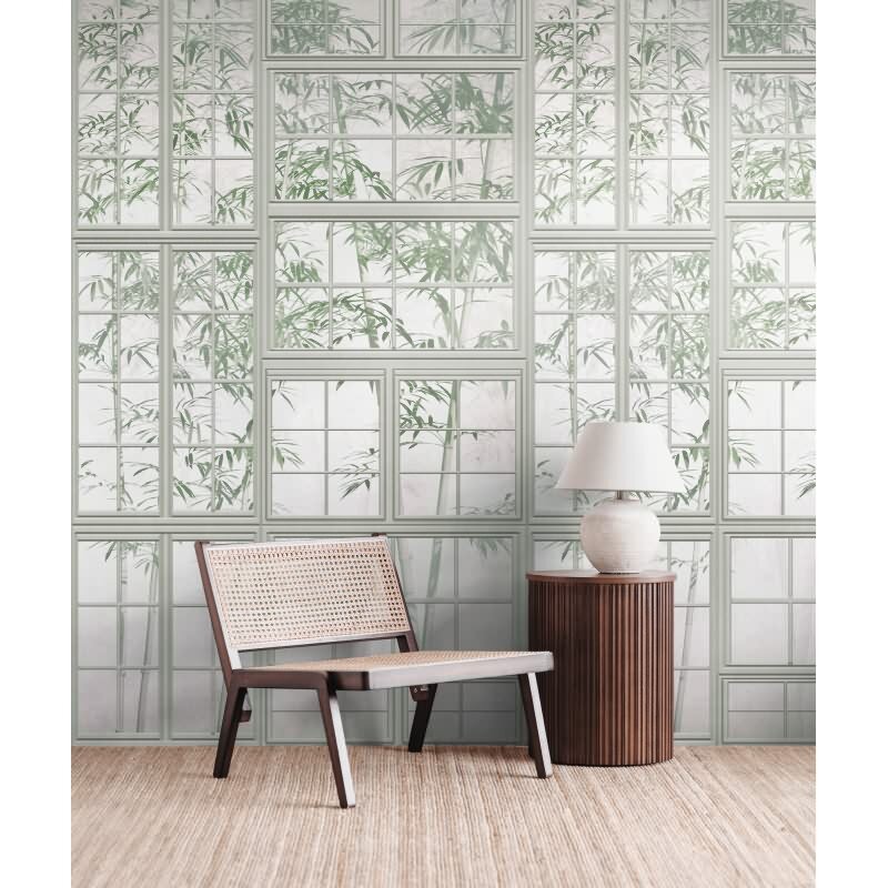 Fototapete Bücherregal mit Pflanzen Grün Beige - Natur trifft Vintage-Stil - livingwalls Vliestapete erweiterbar (398461)