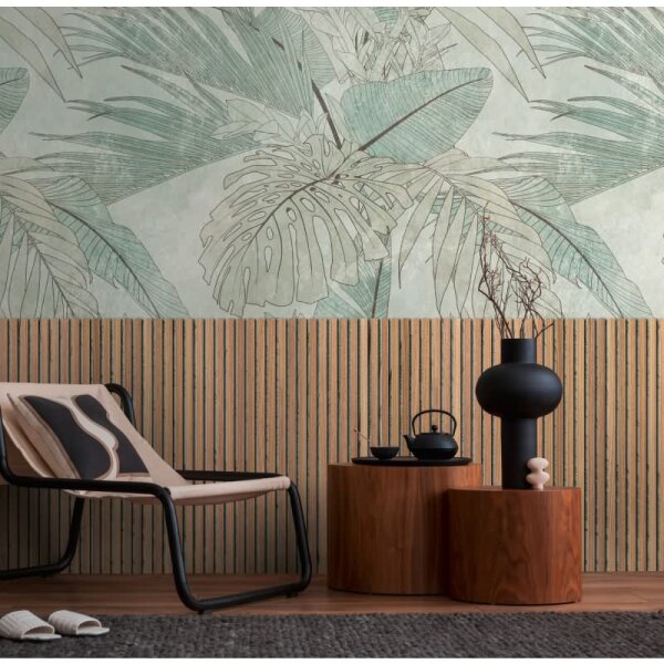 Fototapete Palmblatt auf Holzoptik Grün Braun - Naturmotiv modern interpretiert - livingwalls Vliestapete erweiterbar (398541)