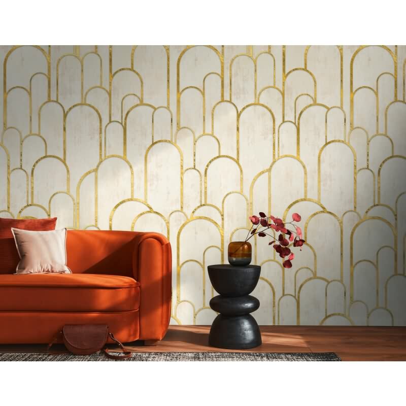 Fototapete Bogenmuster Gold Beige - Elegantes Linien-Design mit Glanzoptik - livingwalls Vliestapete erweiterbar (398571)
