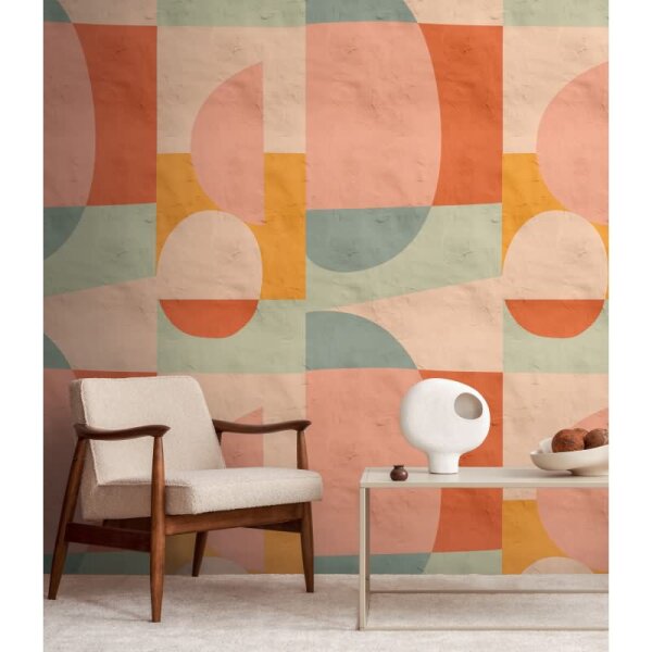 Fototapete Geometrisch Retro Orange Grün - Halbkreise und Formen im Vintage-Stil - livingwalls Vliestapete erweiterbar (398581)