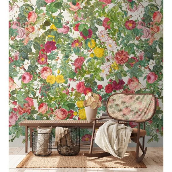 Fototapete Blumenranken Bunt Grün - Verspieltes Blütenmuster mit Blättern - livingwalls Vliestapete erweiterbar (398641)