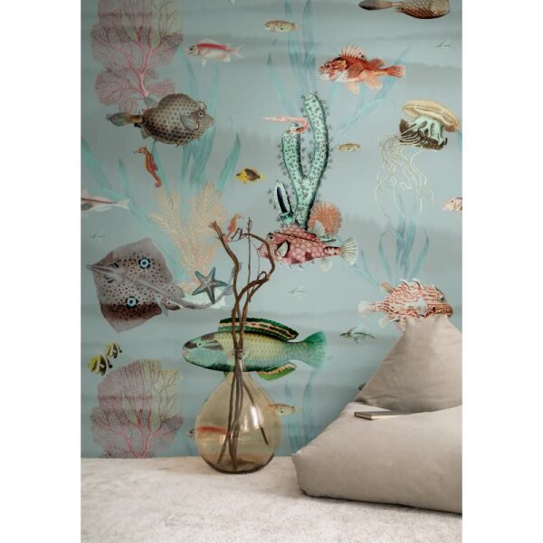 Fototapete Gemüse Aquarelloptik Bunt Blau - Frisches Küchenmotiv mit Retro-Charme - livingwalls Vliestapete erweiterbar (398721)