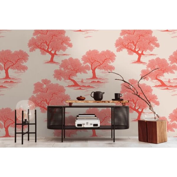Fototapete Japanische Bäume Koralle Beige - Asiatisches Landschaftsmotiv modern - livingwalls Vliestapete erweiterbar (398761)
