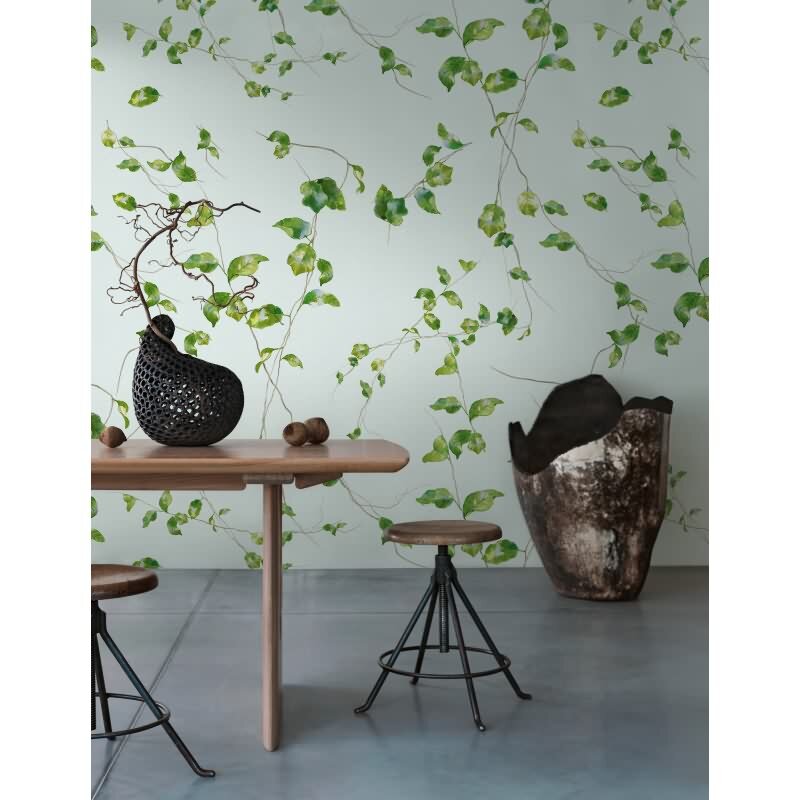 Fototapete Rankenmuster Hellgrün Weiß - Zarte Blätter auf hellem Hintergrund - livingwalls Vliestapete erweiterbar (398801)