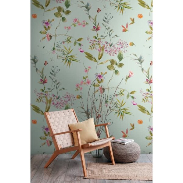 Fototapete Blütenzweige Mintgrün Rosa - Verspieltes Blumenmuster leicht - livingwalls Vliestapete erweiterbar (398811)