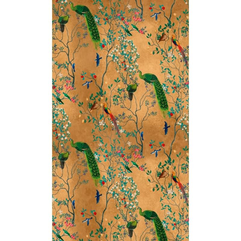 Fototapete Goldene Landschaft mit Kranichen - Asiatisches Naturmotiv auf Orange - livingwalls Vliestapete erweiterbar (398821)