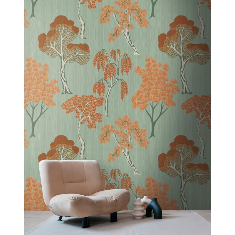Fototapete Bäume Orange auf Grün - Modernes Naturmotiv mit Kontrastwirkung - livingwalls Vliestapete erweiterbar (398871)