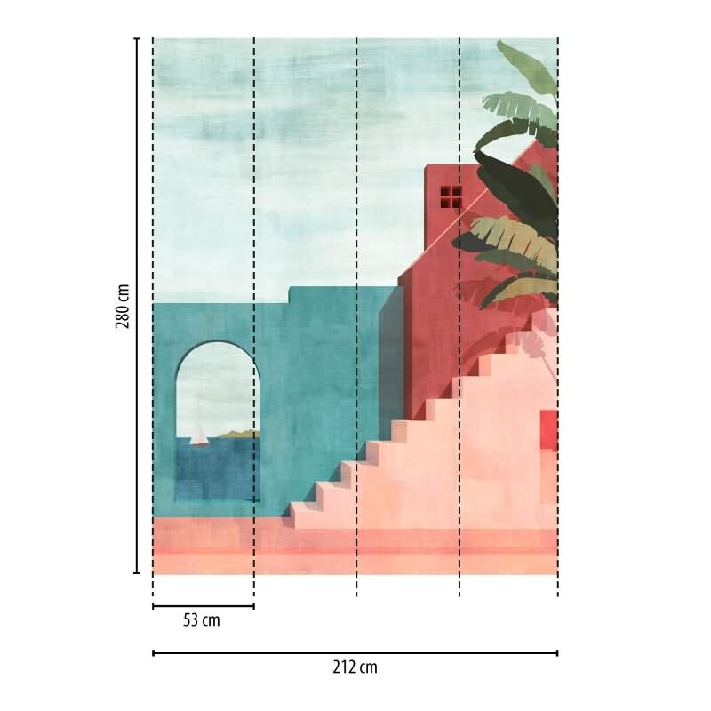 Fototapete Architekturszene Rosa Blau - Moderne Treppe mit mediterranem Flair - livingwalls Vliestapete nicht erweiterbar (398891)