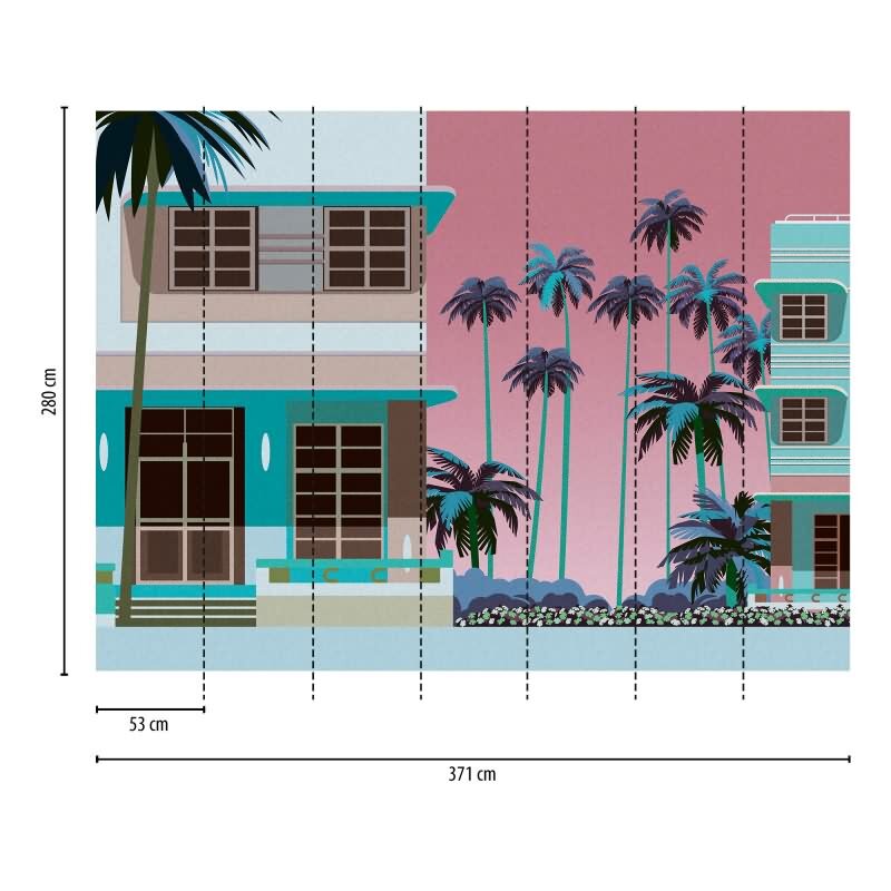 Fototapete Miami Art Déco Palmen Rosa Türkis - Retro-Fassadenmotiv mit Urlaubsflair - livingwalls Vliestapete (398931)
