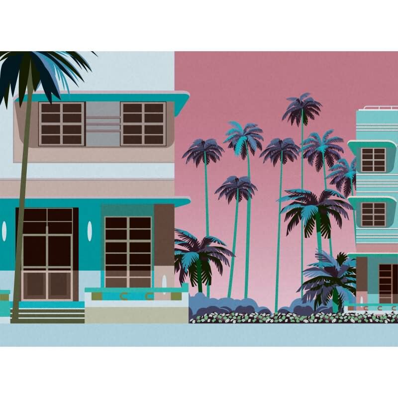 Fototapete Miami Art Déco Palmen Rosa Türkis - Retro-Fassadenmotiv mit Urlaubsflair - livingwalls Vliestapete (398931)