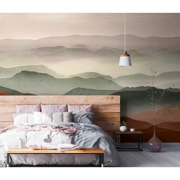 Fototapete Landschaft in Aquarelloptik Rot Grün - Nebelberge im Farbverlauf - livingwalls Vliestapete (398971)