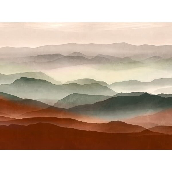 Fototapete Landschaft in Aquarelloptik Rot Grün - Nebelberge im Farbverlauf - livingwalls Vliestapete (398971)