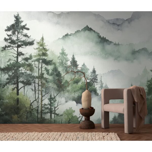 Fototapete Wald und Berge Aquarell Grün Grau - Sanfte Naturkulisse mit Nebel - livingwalls Vliestapete (398991)