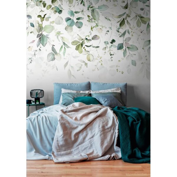 Fototapete Hängende Blätter Aquarell Grün Weiß - Zartes Naturmotiv für frische Räume - livingwalls Vliestapete (399001)