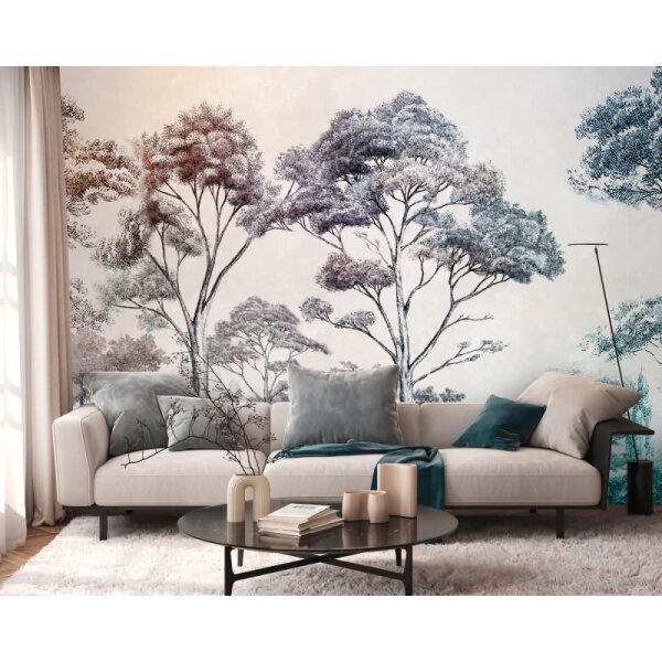 Fototapete Waldszene Aquarell Blau Orange - Künstlerisches Naturmotiv mit Farbverlauf - livingwalls Vliestapete (399021)