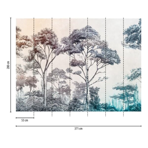 Fototapete Waldszene Aquarell Blau Orange - Künstlerisches Naturmotiv mit Farbverlauf - livingwalls Vliestapete (399021)