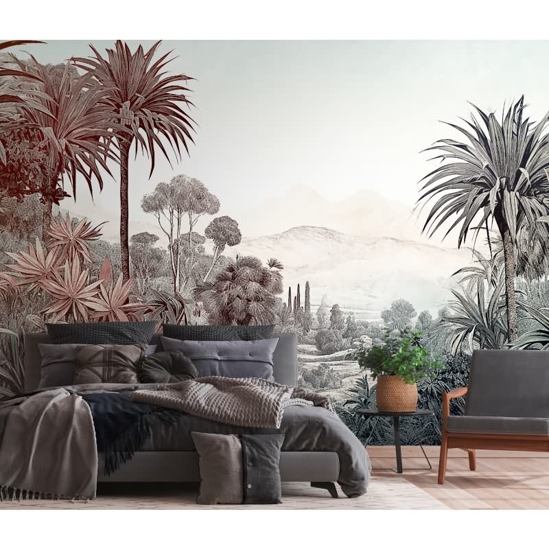 Fototapete Tropenlandschaft Rosa Anthrazit - Vintage Palmenmotiv mit Weitblick - livingwalls Vliestapete (399031)