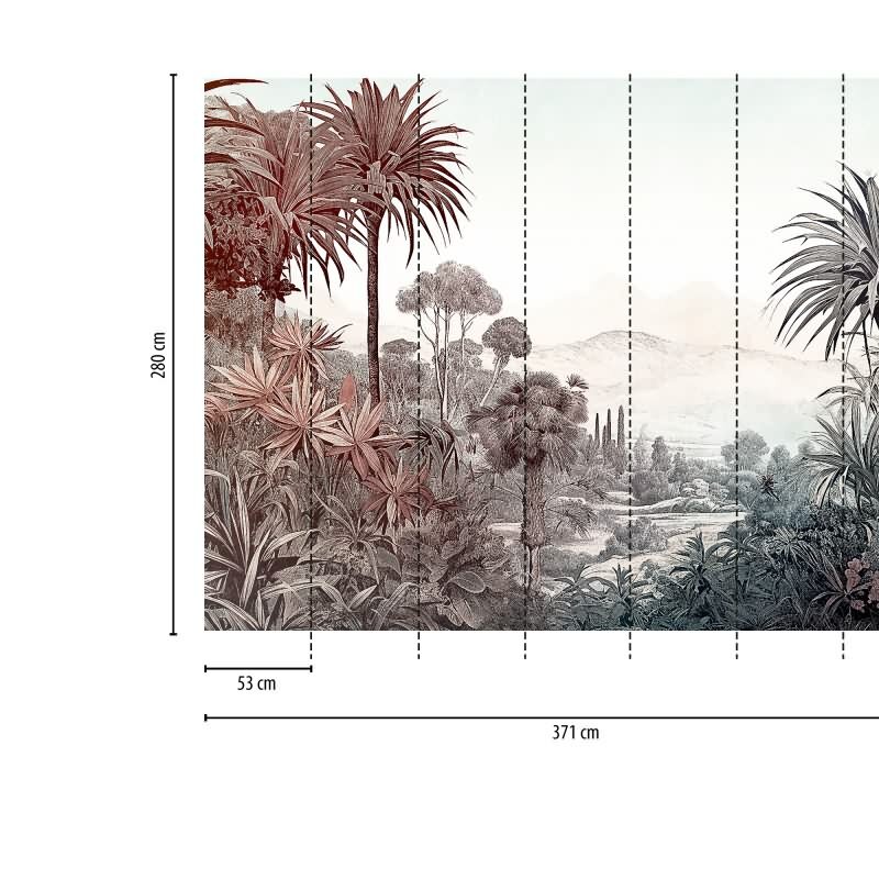 Fototapete Tropenlandschaft Rosa Anthrazit - Vintage Palmenmotiv mit Weitblick - livingwalls Vliestapete (399031)